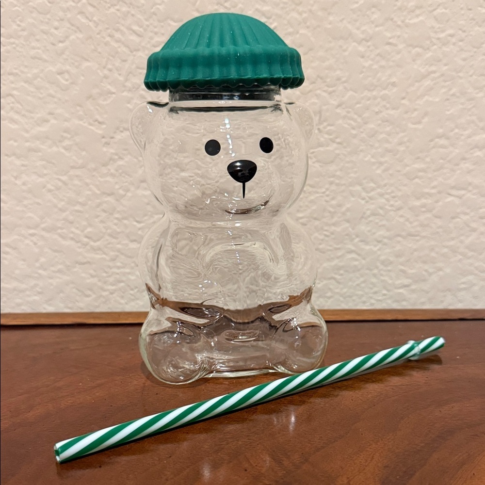 Green Bear-Shaped Glass Jar with Straw New